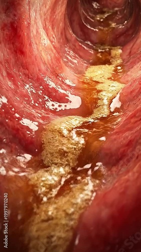 Heartburn reflux stomach acid concept with esophagus lining irritation and inflammation medical endoscopy view showing gastritis and esophagitis mucosa damage and ulcer discomfort digestive tract