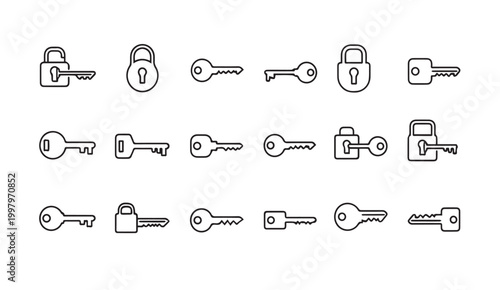 Collection of simple line art icons representing locks and keys on a white background