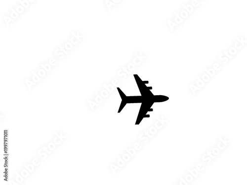 A simple black silhouette of a commercial airliner in mid-flight against a pure white background, minimalist aviation icon, symbolizing travel and transportation in a basic graphic style.