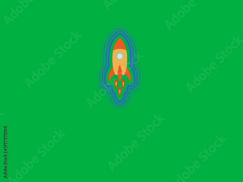 Vibrant cartoon rocket ship blasting off into the sky with blue outline on green background in a playful digital art style for kids educational materials or fun space themed projects