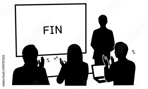 プレゼンテーション終了後に拍手する聴衆とFINのスクリーンのビジネスシルエットイラスト