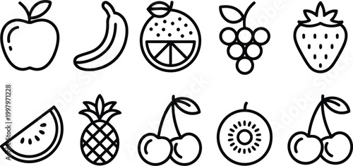 Fruits Outline Icon Set Featuring Apple, Banana, Citrus, Berries and Watermelon, Healthy Food Nutrition Organic Farm Fresh Produce Linear Vector Symbols Collection