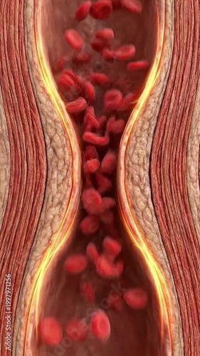 High blood pressure vessel stress artery atherosclerosis plaque cholesterol buildup blood flow through narrowed artery tension risk for cardiovascular health concept illustration bloodstream