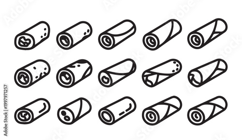 Collection of spring roll icons with diverse fillings against a white background
