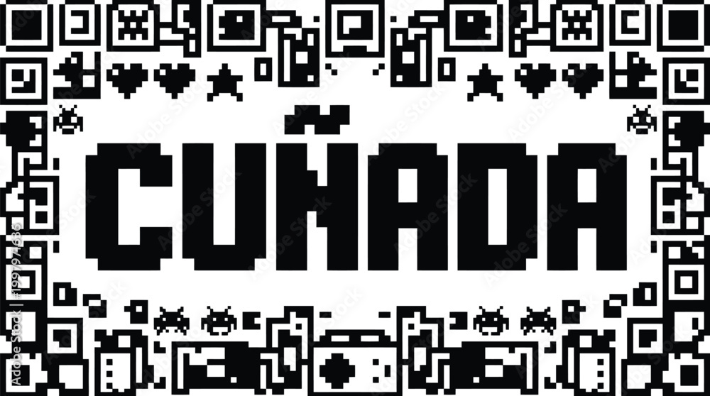 Fototapeta premium Retro pixel art typography with Cuñada text, vintage 8-bit video game frame, black and white gaming aesthetic vector illustration