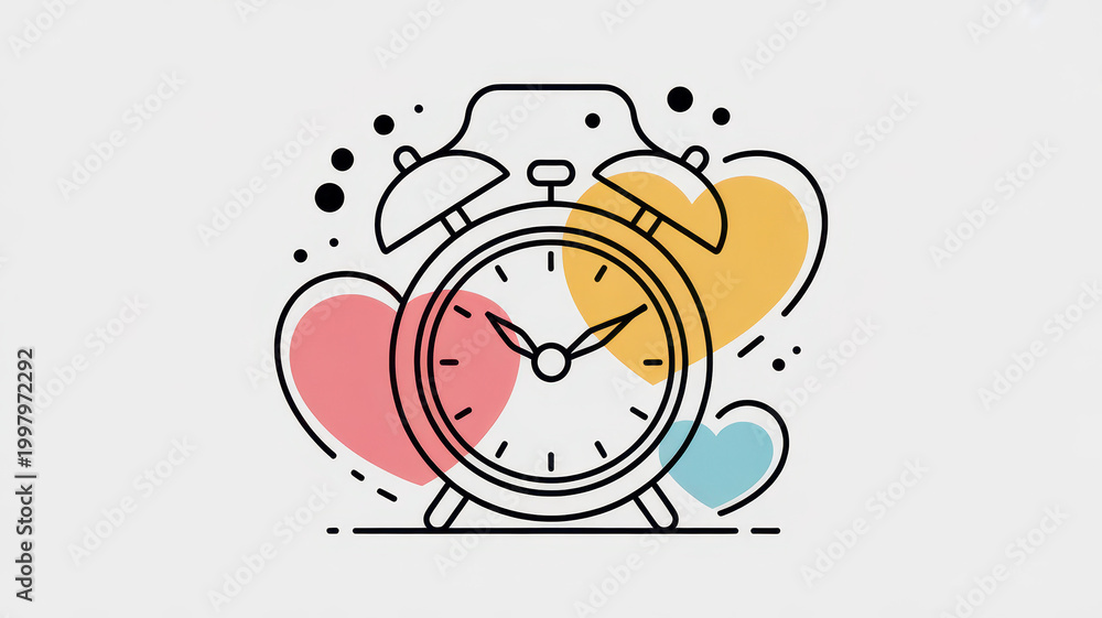 Obraz premium premium Alarm clock with hearts outline illustration, love and time concept, isolated on white background background