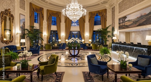 Elegant hotel lobby seating area with luxurious furniture and ornate chandelier