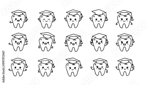 Cute cartoon graduating teeth with mortarboards in a grid pattern