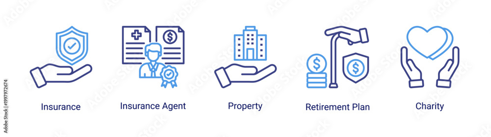 Εκτύπωση καμβά Insurance icon set featuring property,retirement plan,and protection icons