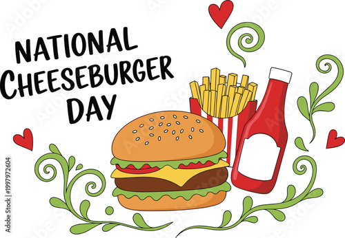 National cheeseburger day celebration graphic with burger french fries and ketchup bottle in a cute doodle style