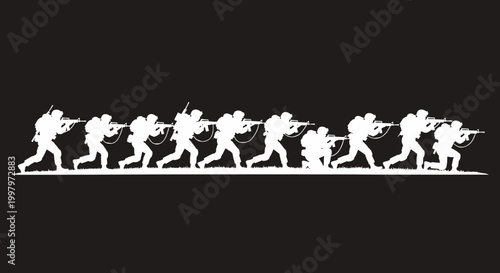 Quadro su tela Military Soldiers Silhouette Advancing with Rifles on Black Background