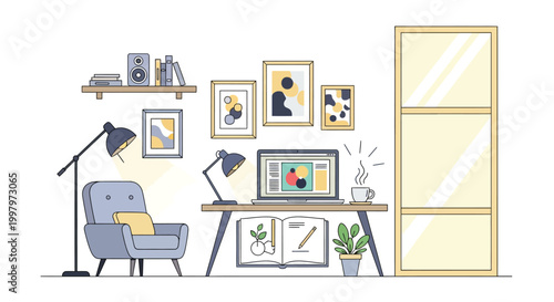 Illustrated Home Office Setup with Desk, Chair, and Decor