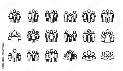 Diverse Crowd Silhouettes in Minimalist Outline Style on White Background