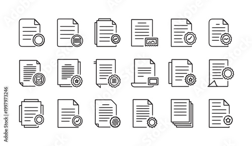Document Icons With Seals and Checkmarks for Verification and Approval Concepts