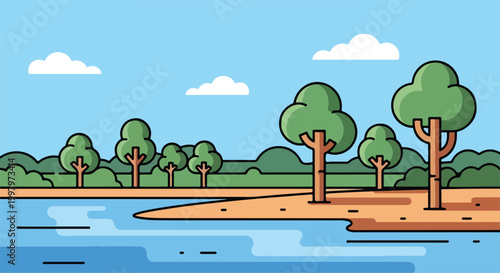 Tableau sur toile A serene landscape with trees and a body of water