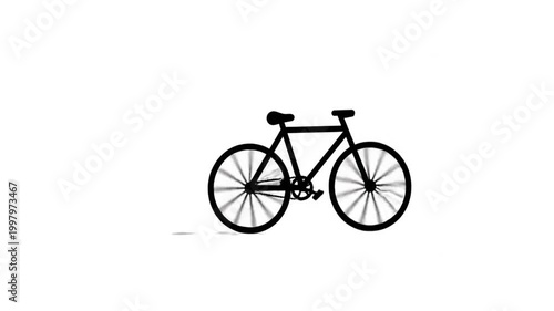 A minimalist black silhouette of a bicycle is depicted against a stark white background, casting a faint shadow.