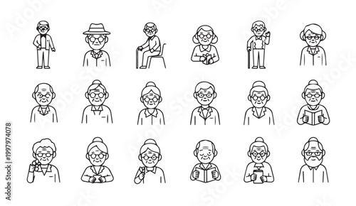 Elderly people icons set with diverse activities and styles for graphic design