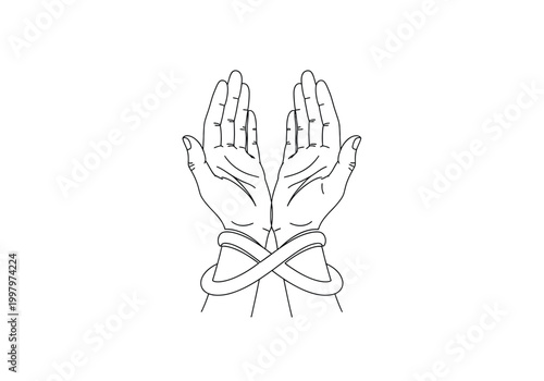 Foto Black and white outline illustration of human hands tied together with rope