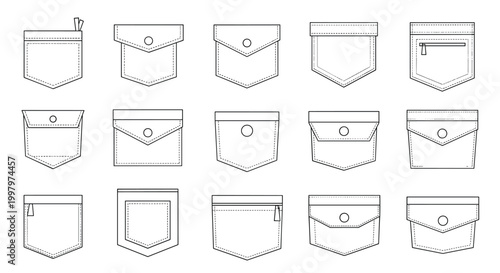 Apparel pocket design set featuring various technical line art styles for fashion sketches and clothing manufacturing.