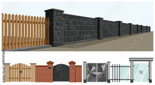 Different architectural styles of fences and gates including stone walls, wooden pickets, brick masonry, and modern metal.