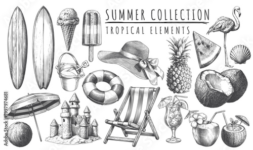 Hand Drawn Vintage Summer Collection and Tropical Beach Elements Bundle for Vacation Apparel and Travel Branding