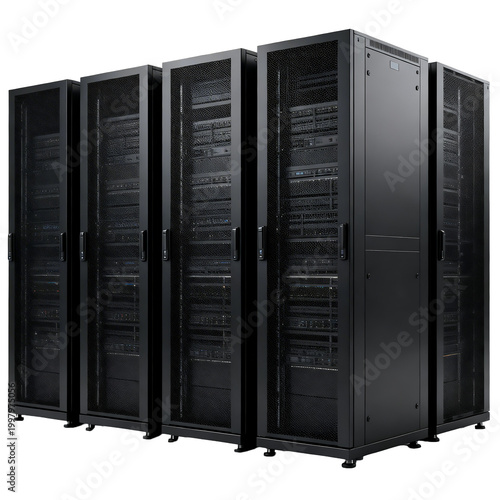 [Transparent Background PNG]Row of black server racks in data center