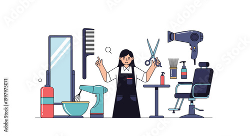 Professional female hairdresser standing among salon equipment such as styling chairs, blow dryers, mirrors, and scissors.