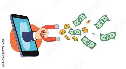 Hand emerging from a smartphone screen using a large horseshoe magnet to attract floating dollar bills and golden coins.