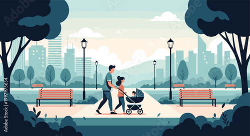 Young father and mother pushing a baby stroller through a peaceful city park with modern skyscrapers in the background.