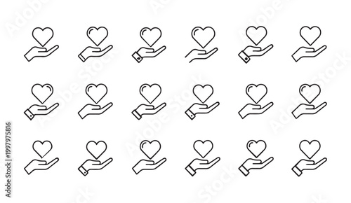 Hand holding heart icon collection for care and love concepts with clean lines
