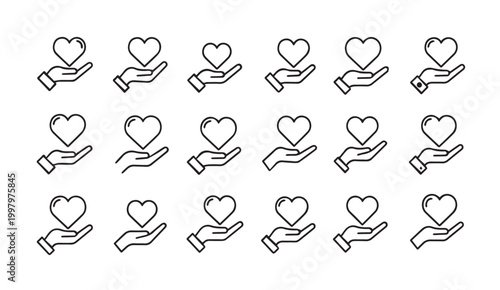 Hand holding heart icons with outline style for care and love concepts