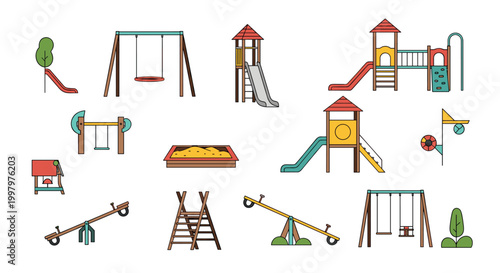 Colorful playground equipment icons including slides, swings, see-saws, and climbing structures for children outdoor play.