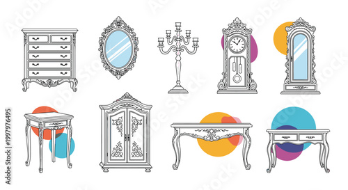Set of antique furniture sketches including dressers, mirrors, clocks, and tables with elegant carved details and ornaments.