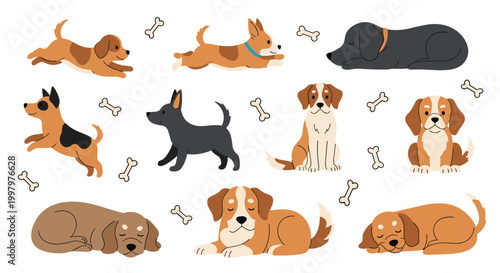 Seamless pattern featuring different dog breeds in various poses like running, sitting, and sleeping among small bones.