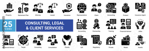 Financial consulting icon set with professional line icons covering advisor services, insurance,legal support,client management,and business strategy.Perfect for corporate and consulting visuals.