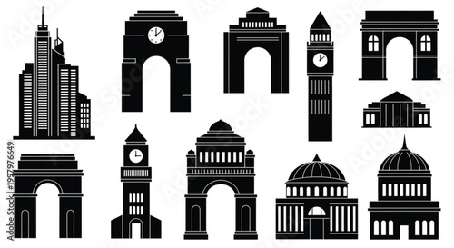 Vector illustration set of London landmarks and monuments featuring the Big Ben tower and city architecture icons for European travel and tourism design