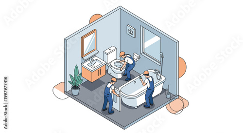 Isometric illustration of plumbers installing a new bathroom including a toilet, bathtub, and sink in a home renovation project.