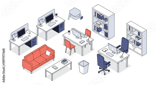 Isometric office layout featuring desks with computers, chairs, a sofa, bookshelves, and various workspace accessories.