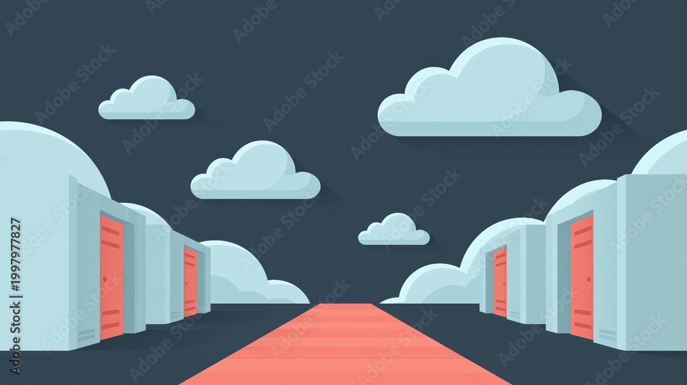 Obraz premium Minimalist Illustration of Storage Units Along a Pathway Under a Sky Filled With Fluffy Clouds