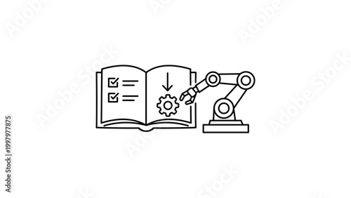 Runbook Automation Concept with Robotic Arm and Open Book Checklist, Minimalist Black Line Vector Icon Illustration with Editable Stroke for IT Operations, DevOps, and Process Management