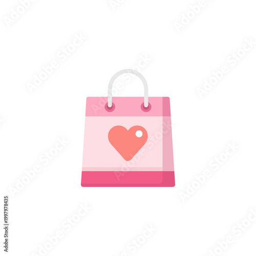 A pink shopping bag icon with a heart symbol on it. White handle, pink background