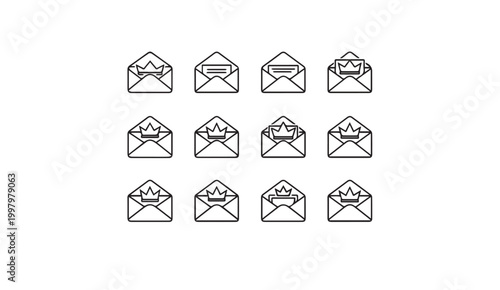 Open envelopes with crown icons arranged in a grid for correspondence and royal communication