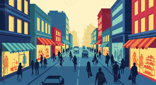 Photos A bustling city street with shops and people