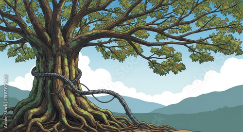Ancient Tree with Thick Roots and Branches Under a Cloudy Sky.