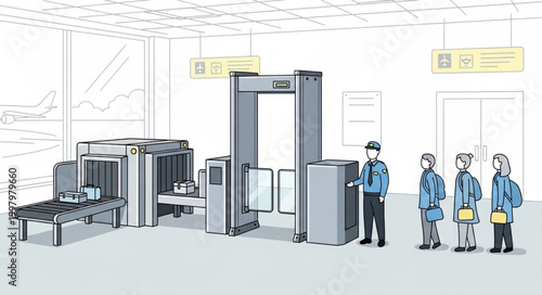 Airport security checkpoint with metal detector and X-ray scanner.