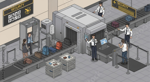 Airport Security Checkpoint with Luggage Scanner and Staff.