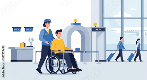 Airport security officer assists passenger in wheelchair through checkpoint.