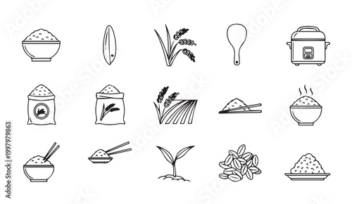 Rice cultivation and consumption icons with clean lines for culinary and agricultural themes