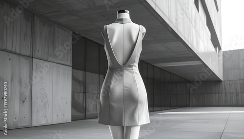 Midi dress with high halterneck and open back on a white mannequin against an architectural background with clean studio lighting generative AI