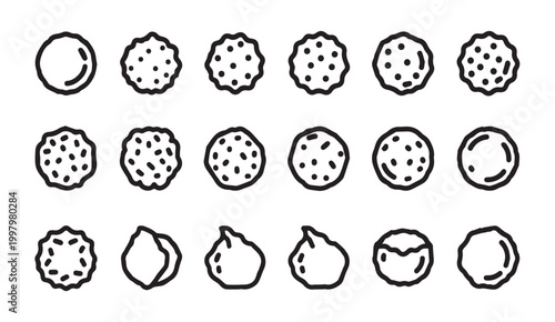 Round Food Icons with Textured and Smooth Surfaces on White Background